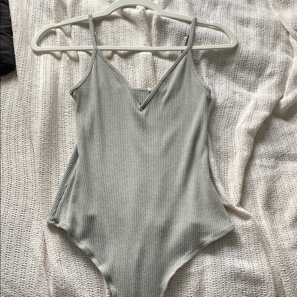 Grey, ribbed material thong bodysuit - Picture 1 of 3